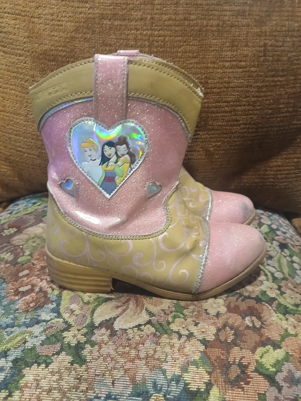 Girls Pink Glitter Western Boots with Princess Heart Accent